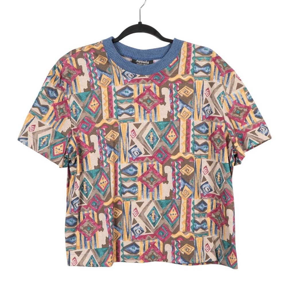 VTG Crewneck Cropped Shirt 12 Adult 90s Geometric Nebula Sportswear Short Sleeve